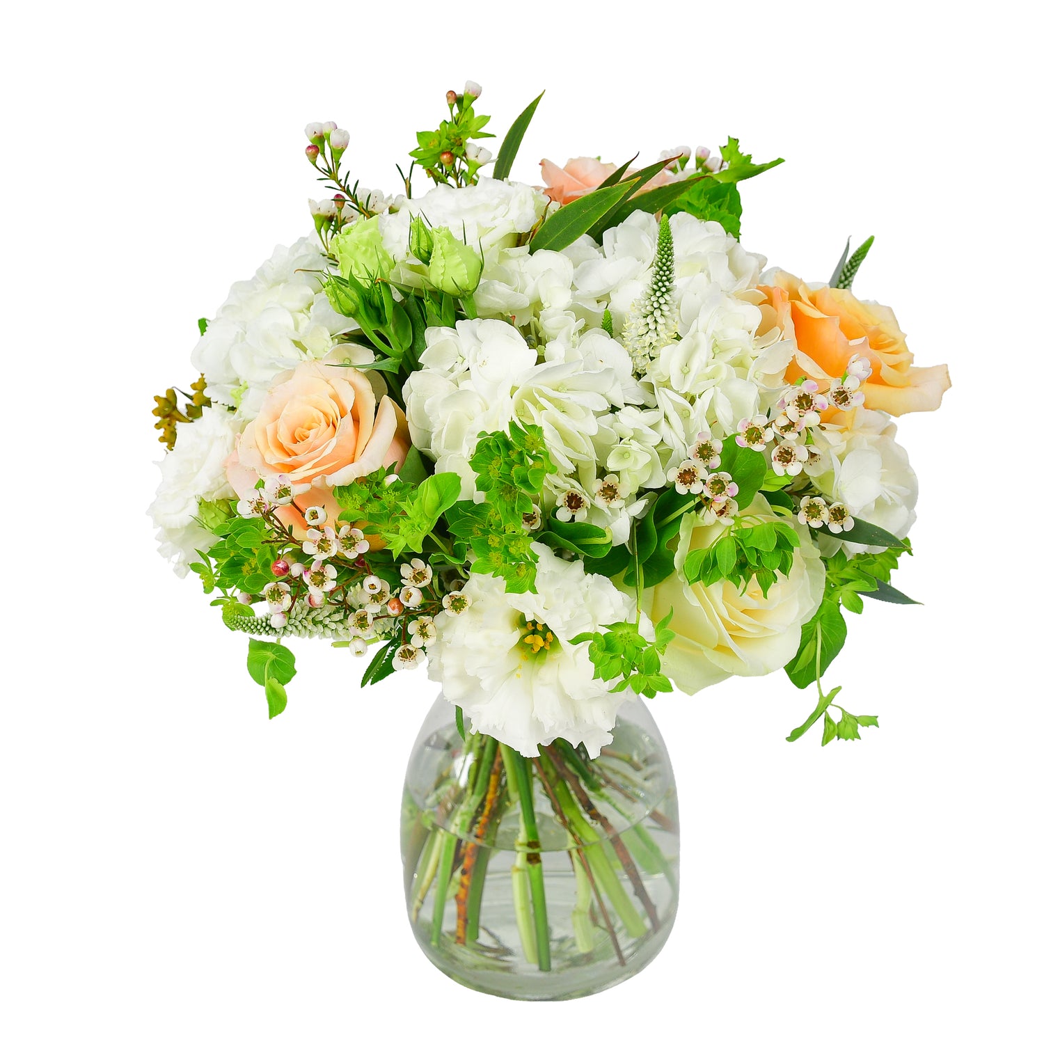 white roses and hydrangea in a vase - flowers for delivery