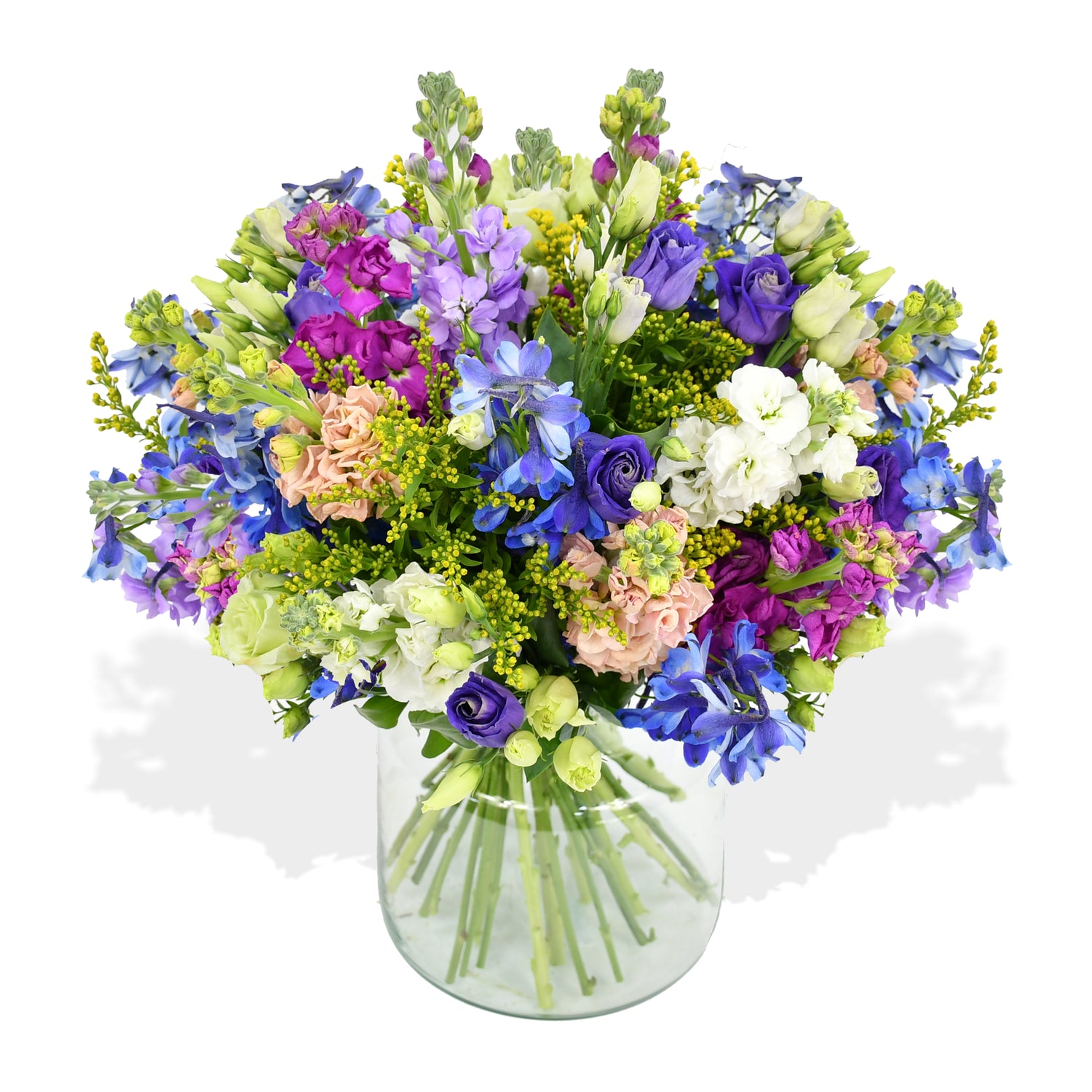 stocks and blue delphinium in a vase