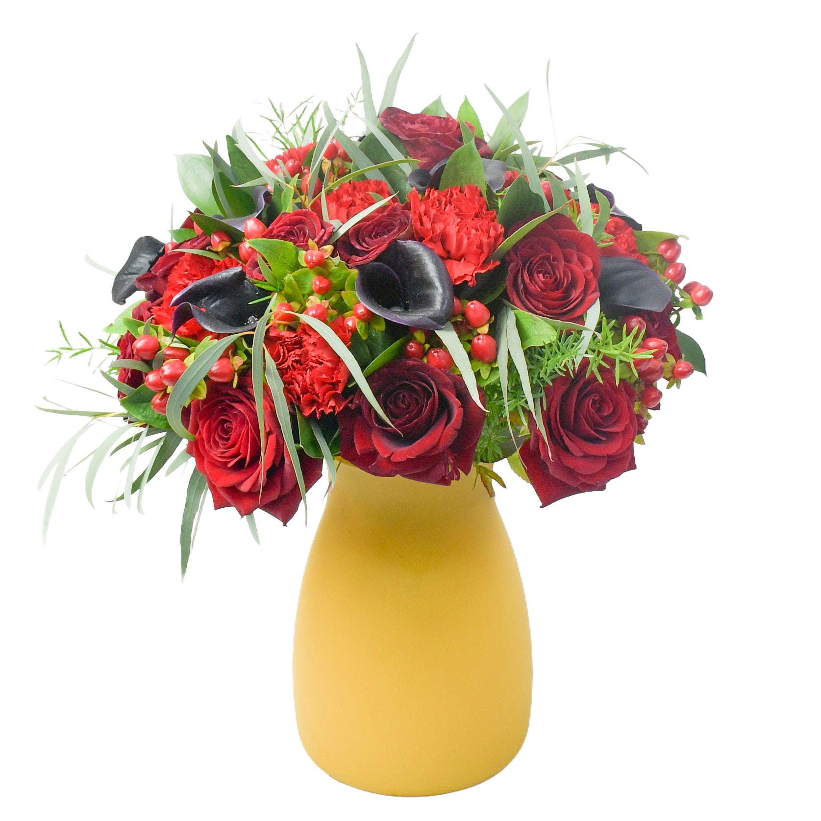 calla lilies and roses bouquet in a vase